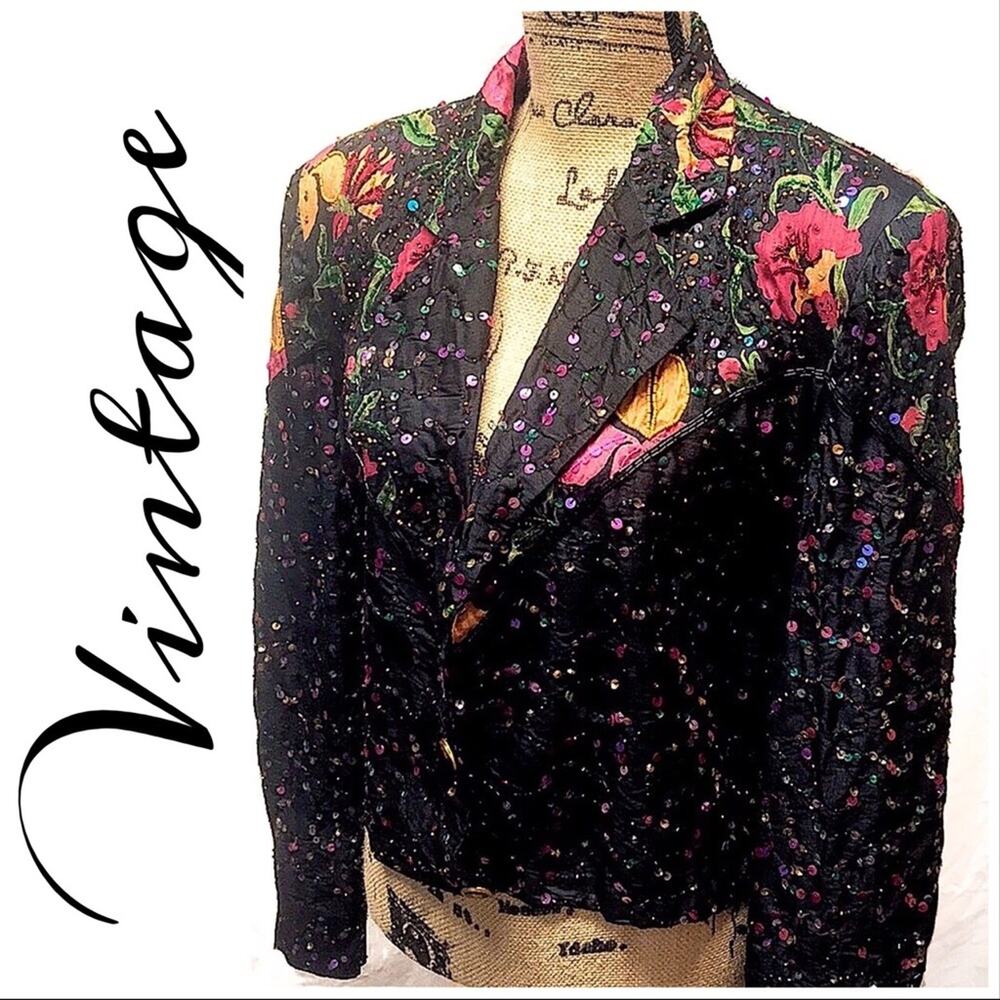 Pink & Orange Floral Appliqué and black Silk Blazer Vintage 1980s SZ 10